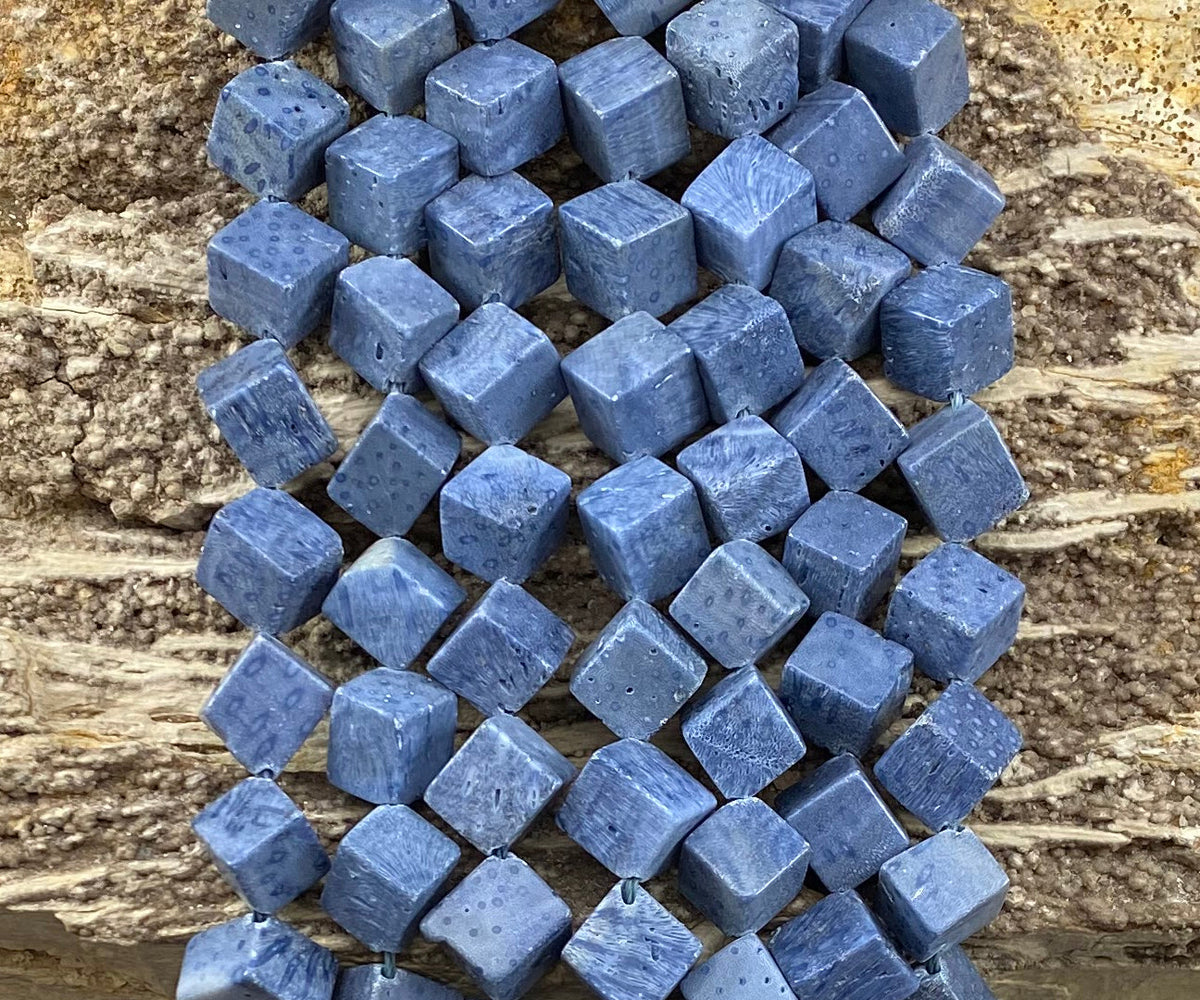 Natural Blue Coral Side Hole Cube 8-9mm 12-13mm-1