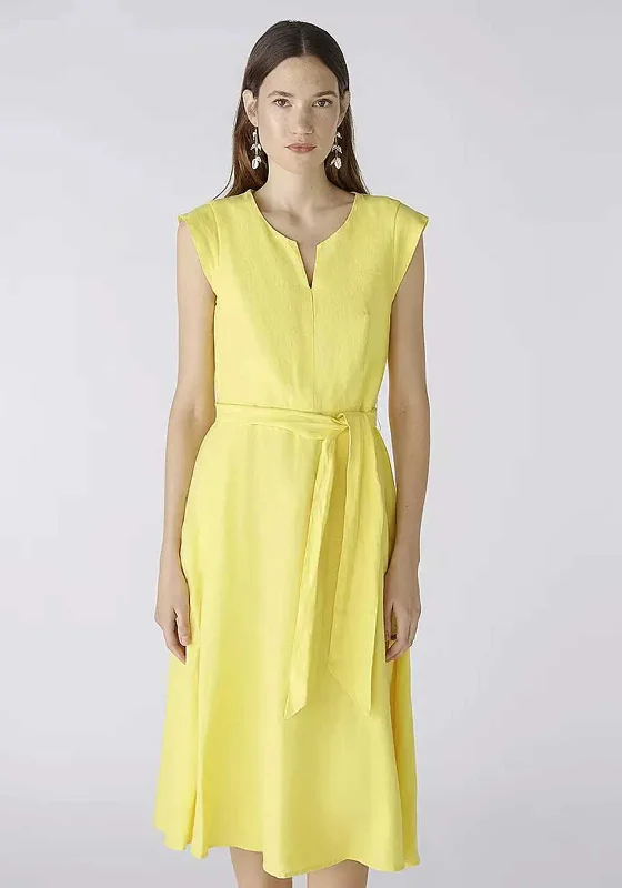 Oui Linen Cotton Fit and Flare Midi Dress, Yellow Color block unclassified dresses