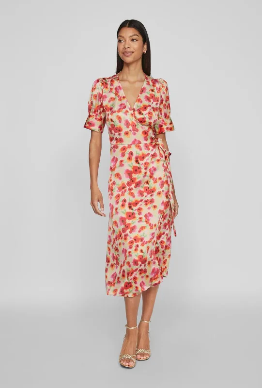 Vila Naria Floral Wrap Midi Dress, Poppy Red Trendy new unclassified dresses