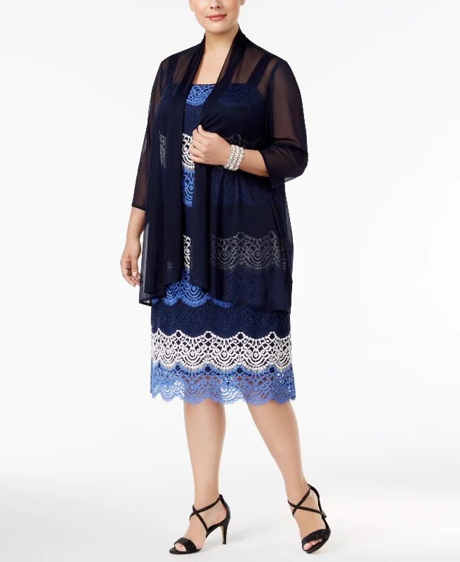 R M Richards Plus Size Lace Colorblocked Dress Sheer Jacket Discounted unclassified dresses