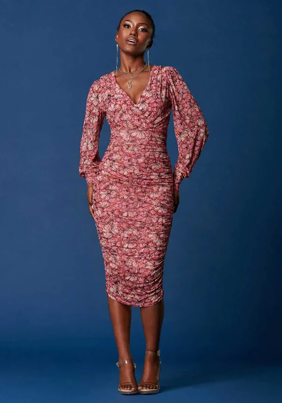 Jolie Moi Ruched Mesh Midi Dress, Pink Multi Stretchy unclassified dresses