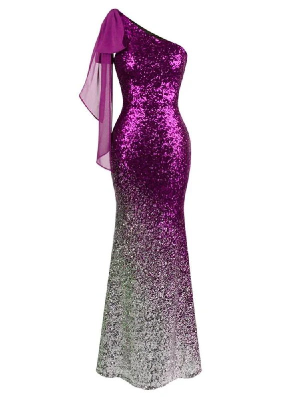 Women's Asymmetric Ribbon Flapper Gradual Sequin Mermaid Long Red Dress One Shoulder Wedding Evening Party Gown Elegant unclassified dresses