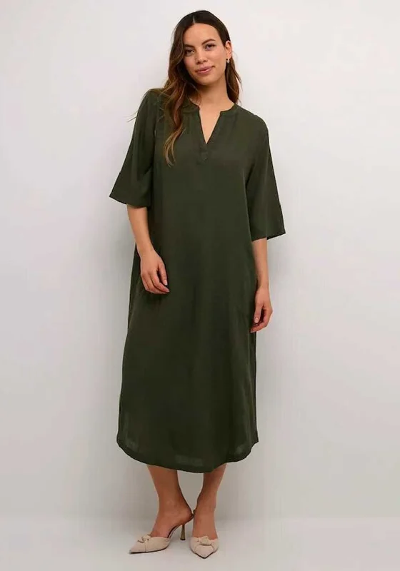 Kaffe Milia Kaftan Linen Blend Midi Dress, Forest Night Long unclassified dresses