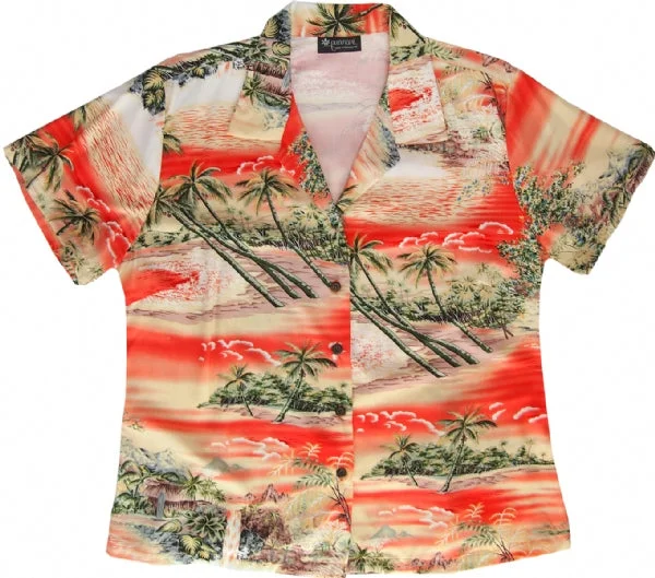 Ocean Breeze Ladies Fitted Aloha Shirt in Orange Mesh unclassified dresses
