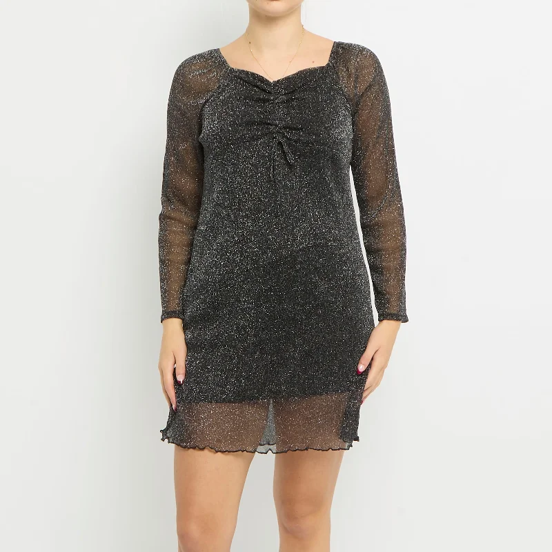 Lettuce Hem Ruched Neck Mesh Dress- UK 6 A-line unclassified dresses