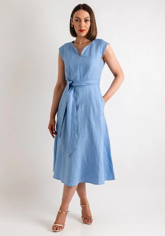 Oui Linen Cotton Fit and Flare Midi Dress, Light Blue Ruffled unclassified dresses