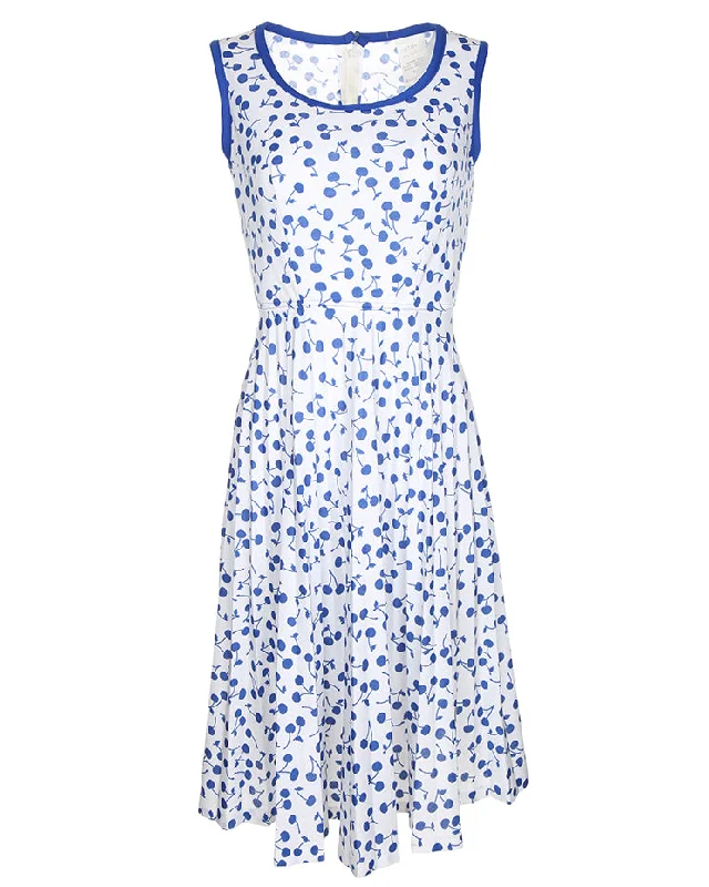 1960's White With Blue Cherries Print Sleeveless Dress - S Open-back unclassified dresses