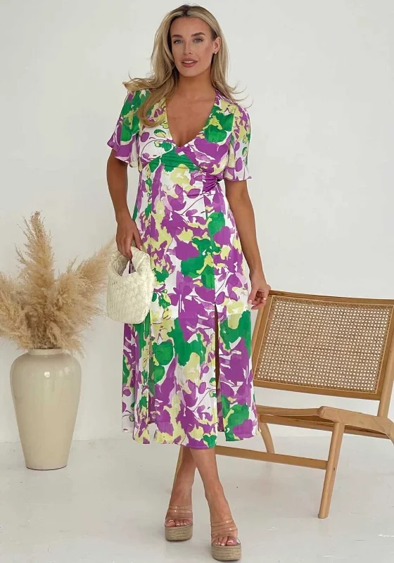 Girl in Mind Levi Angel Sleeve Split Leg Midi Dress, Purple Casual unclassified dresses