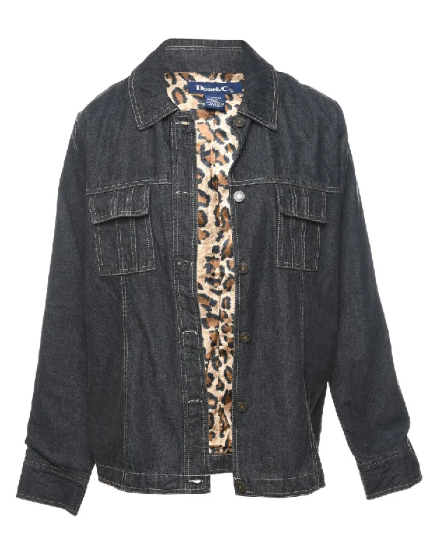 Black & Leopard Print Contrast Lined Denim Jacket - M Off-shoulder unclassified dresses