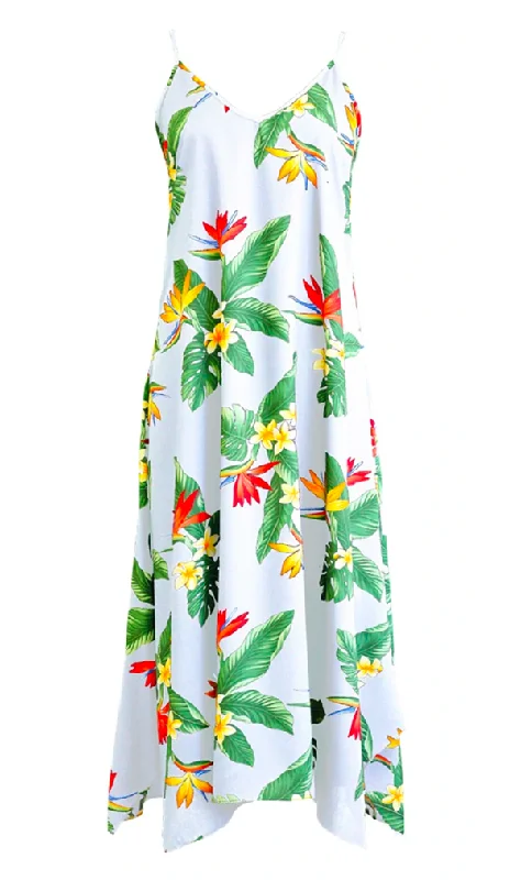 BOP Plumeria Ladies Hawaiian V Neck Scarf Hem Maxi Dress in White Preppy unclassified dresses