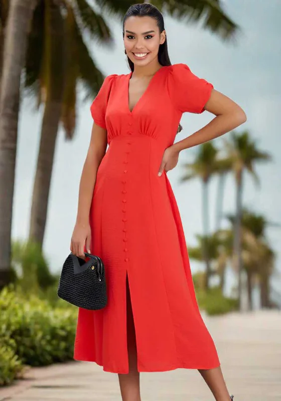 Natalia Collection V Neck Buttoned Midi Dress, Coral Tiered unclassified dresses